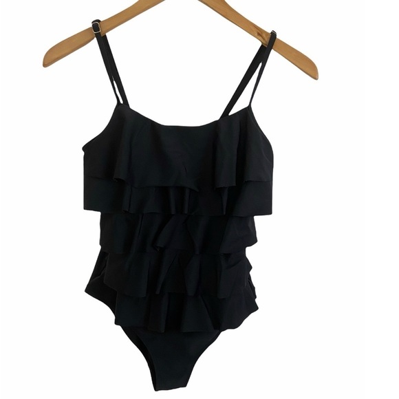 Maxmoda Black Tiered Ruffle One Piece Swimsuit Sz S Swimwear Vacation Beach - Picture 2 of 11